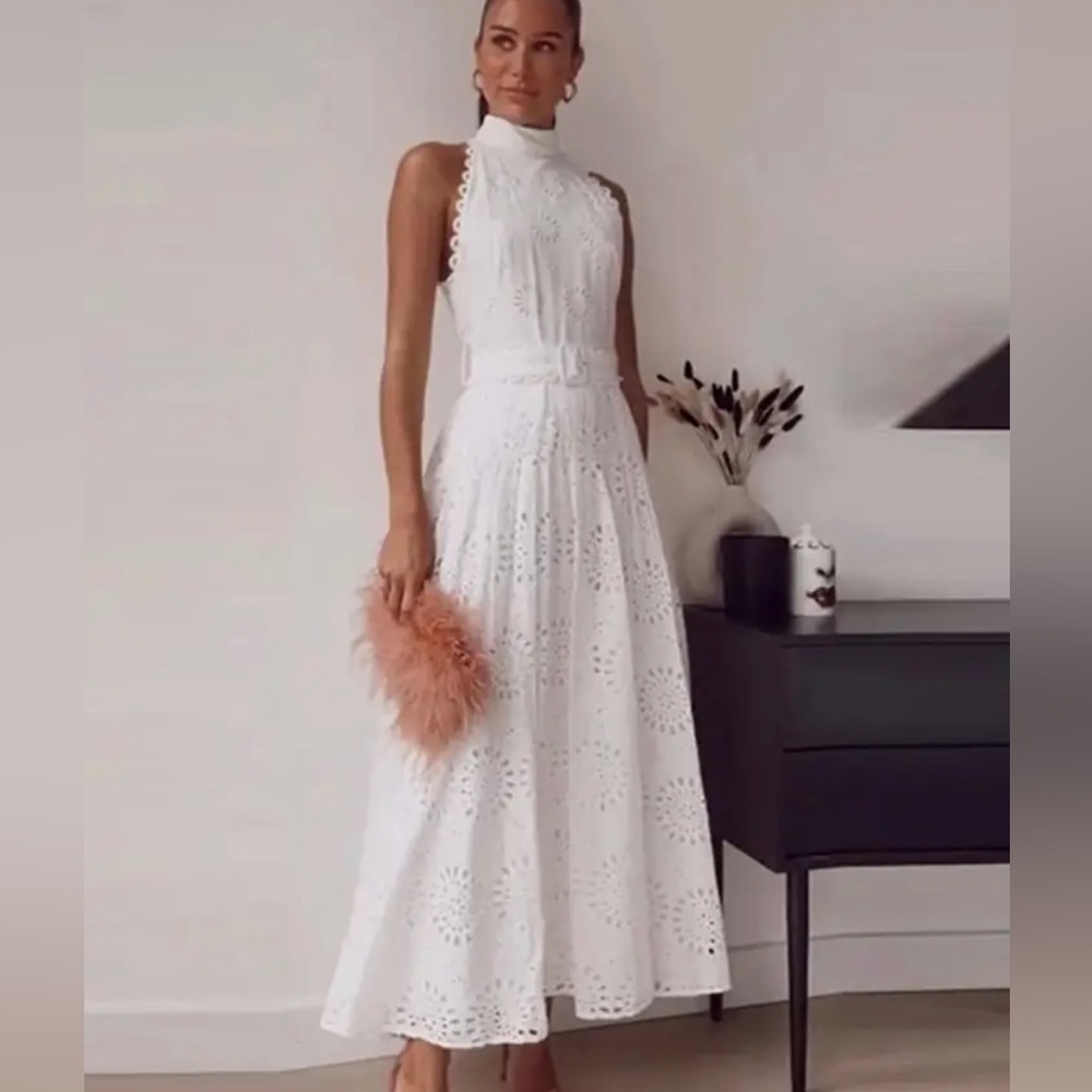 SOLD - White Halter Neck Belted Hollow Out Dress.